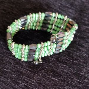 Long Green and Silver Beaded Bracelet Or Necklace With HEMATITE Magnetic Beads